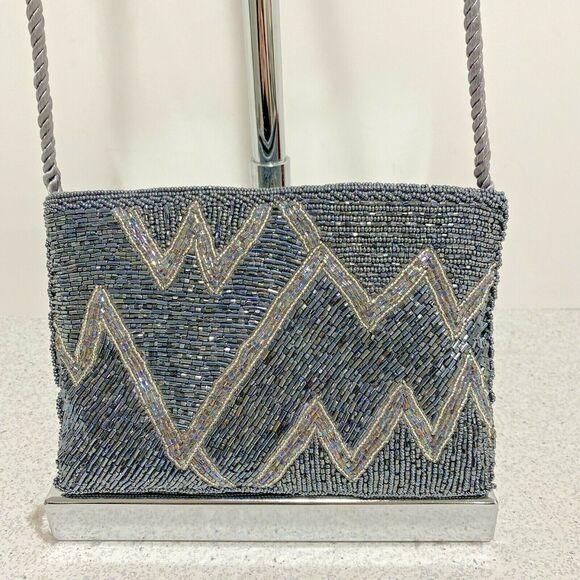 Vintage Beaded 1980's Evening Bag Retro Gray & Silver Shoulderbag Dressy Purse - Picture 1 of 8